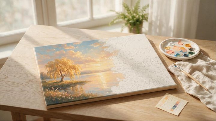 A partly finished paint-by-numbers canvas on a desk beside a palette of mixed acrylics and a fine brush