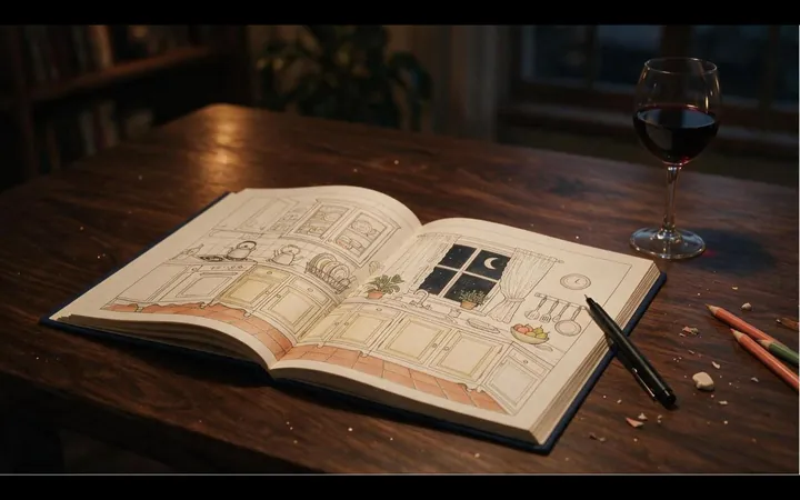 An open coloring book lit by a single warm lamp on a dark table at night