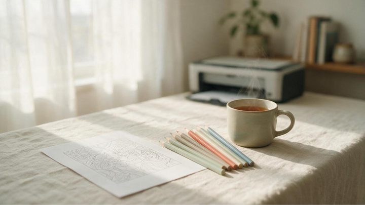 A freshly printed detailed line-art coloring page on a desk beside coloured pencils and a mug