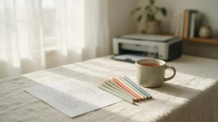 A freshly printed detailed line-art coloring page on a desk beside coloured pencils and a mug