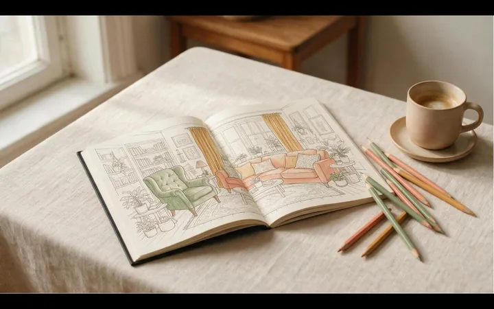 An open printable coloring book showing a partly coloured living room scene