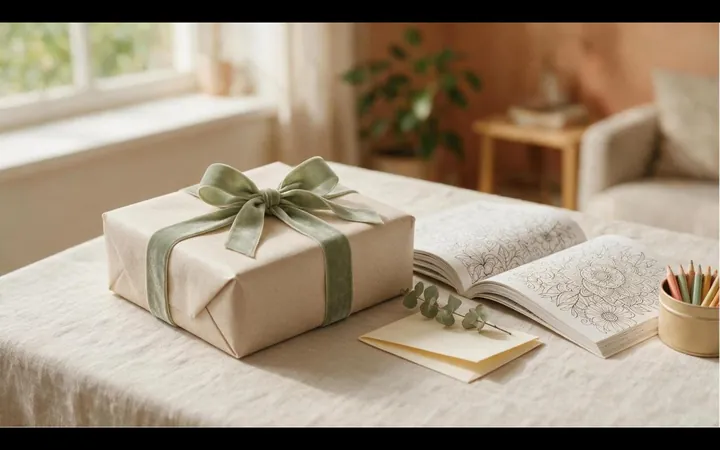 A wrapped gift beside an open printable coloring book and coloured pencils on linen