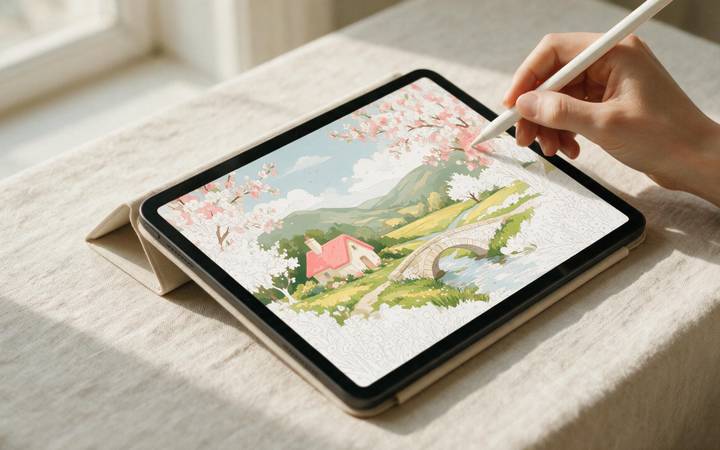 A tablet on a linen desk showing a half-filled digital paint-by-numbers canvas, stylus in hand