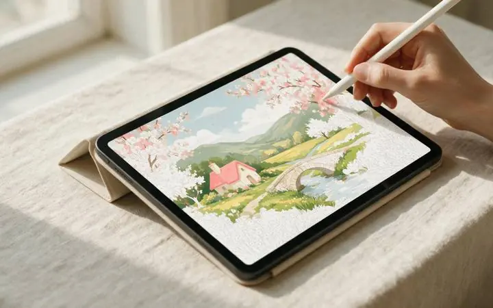 A tablet on a linen desk showing a half-filled digital paint-by-numbers canvas, stylus in hand