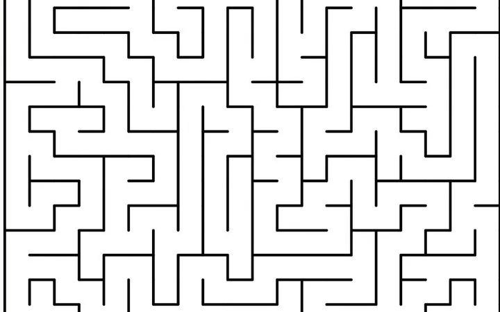 A black and white maze generated in the free Journey Engine maze maker tool, ready to print