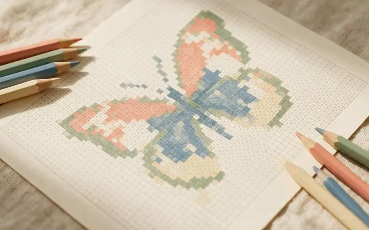 A printed numbered grid on linen, half filled in with coloured pencil so a pixel butterfly is emerging