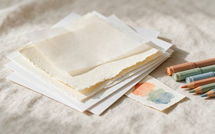 A fanned stack of cardstock, watercolour paper and copy paper beside markers and coloured pencils
