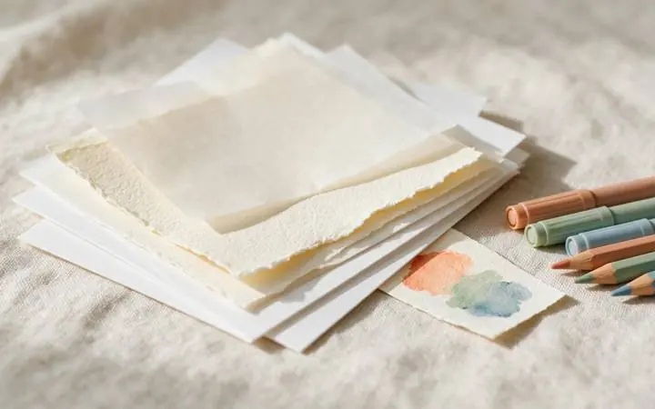 A fanned stack of cardstock, watercolour paper and copy paper beside markers and coloured pencils