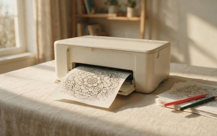 A home printer on a linen desk with a freshly printed line-art colouring page emerging