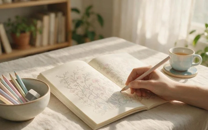 A hand coloring a simple floral illustration with a pastel pencil on a linen table