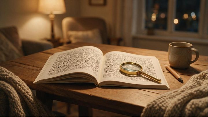 An open printed puzzle book on a wooden table with a magnifying glass resting on a busy illustrated scene