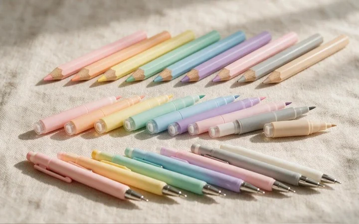 Rows of coloured pencils, dual-tip markers and gel pens laid out on linen