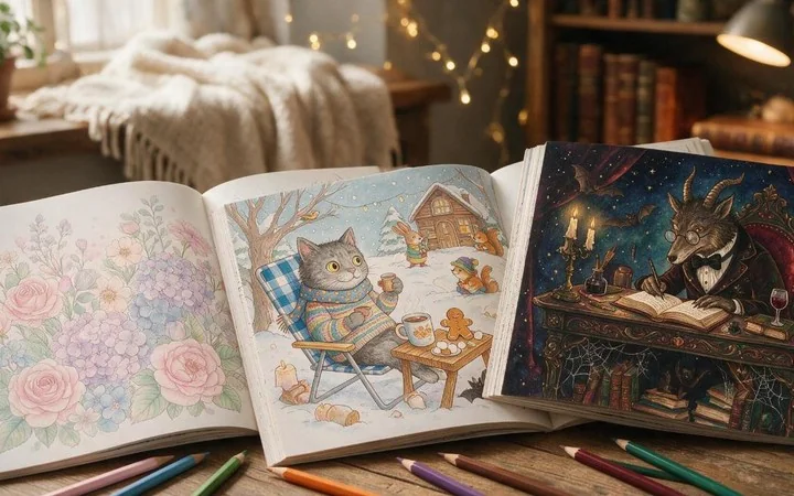 Three adult coloring books fanned open on a table, one calm floral, one funny, one dark humour