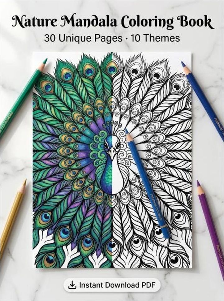A nature mandala coloring book cover showing a partly coloured peacock mandala with pencils