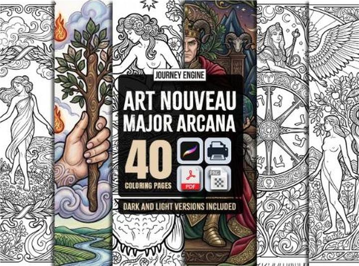 An Art Nouveau tarot coloring book cover showing detailed Major Arcana line art