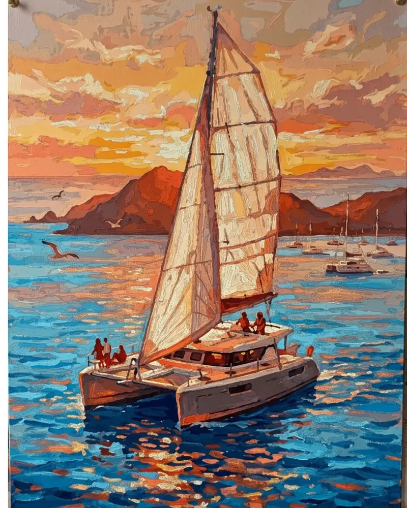 Sunset catamaran, painted from a Journey Engine kit
