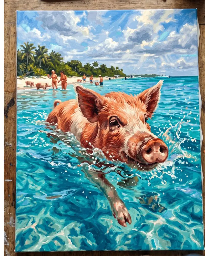 Swimming pig in turquoise water, painted from a Journey Engine kit
