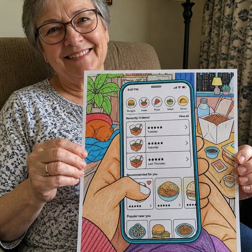 Real Journey Engine customer holding a page they hand-coloured