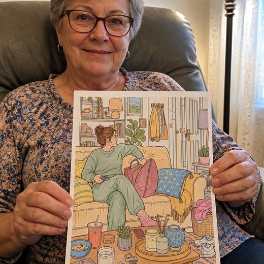 Real Journey Engine customer holding a page they hand-coloured