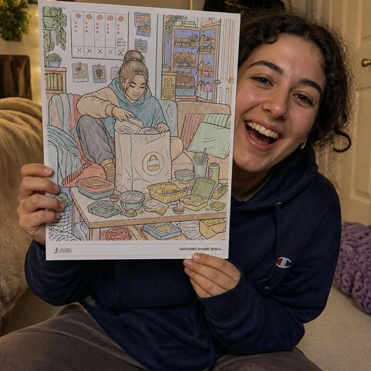 Real Journey Engine customer holding a page they hand-coloured