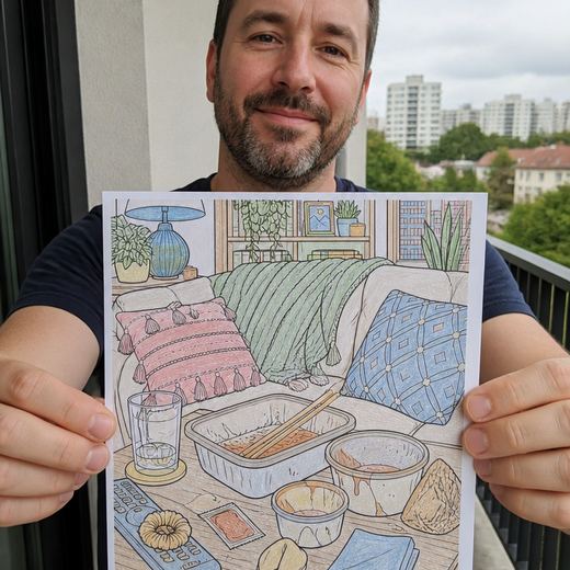 Real Journey Engine customer holding a page they hand-coloured