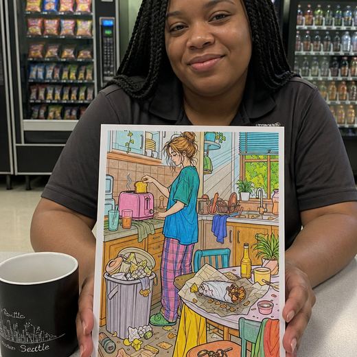 Real Journey Engine customer holding a page they hand-coloured