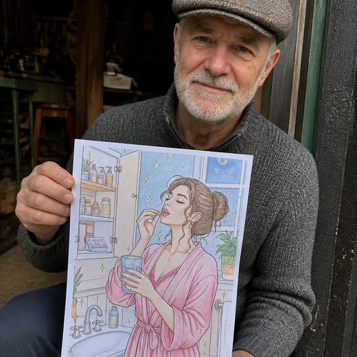 Real Journey Engine customer holding a page they hand-coloured
