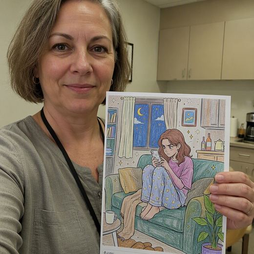 Real Journey Engine customer holding a page they hand-coloured