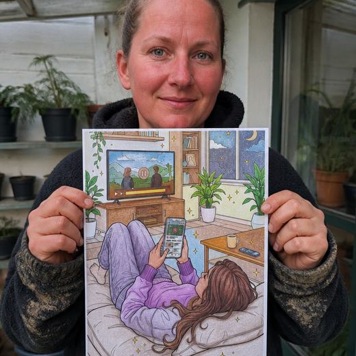 Real Journey Engine customer holding a page they hand-coloured
