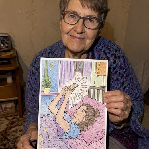 Real Journey Engine customer holding a page they hand-coloured