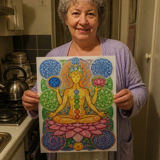 Real Journey Engine customer holding a page they hand-coloured