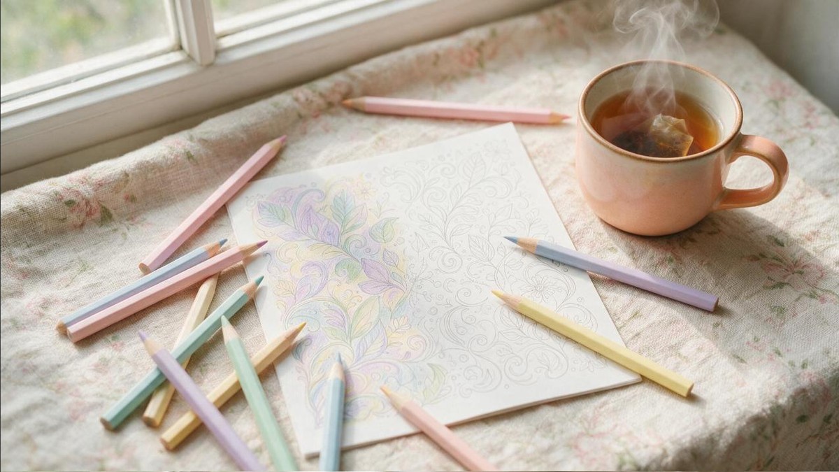 An overhead view of a half-coloured floral pattern surrounded by pastel coloured pencils and a steaming mug