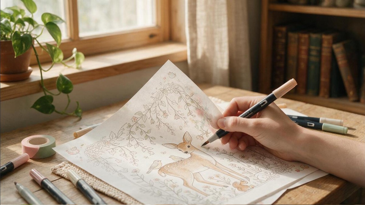 A hand coloring a floral illustration with a dual-tip alcohol marker beside a row of other markers and washi tape