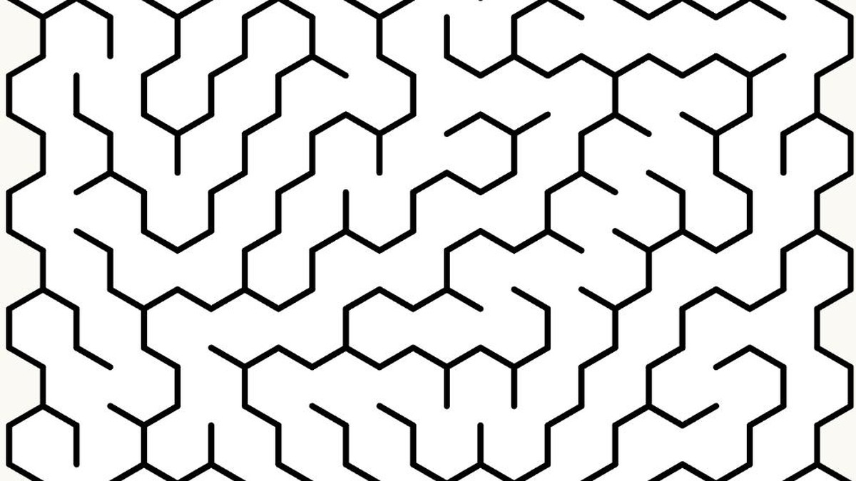 A hexagon-shaped maze generated in the free Journey Engine maze maker tool
