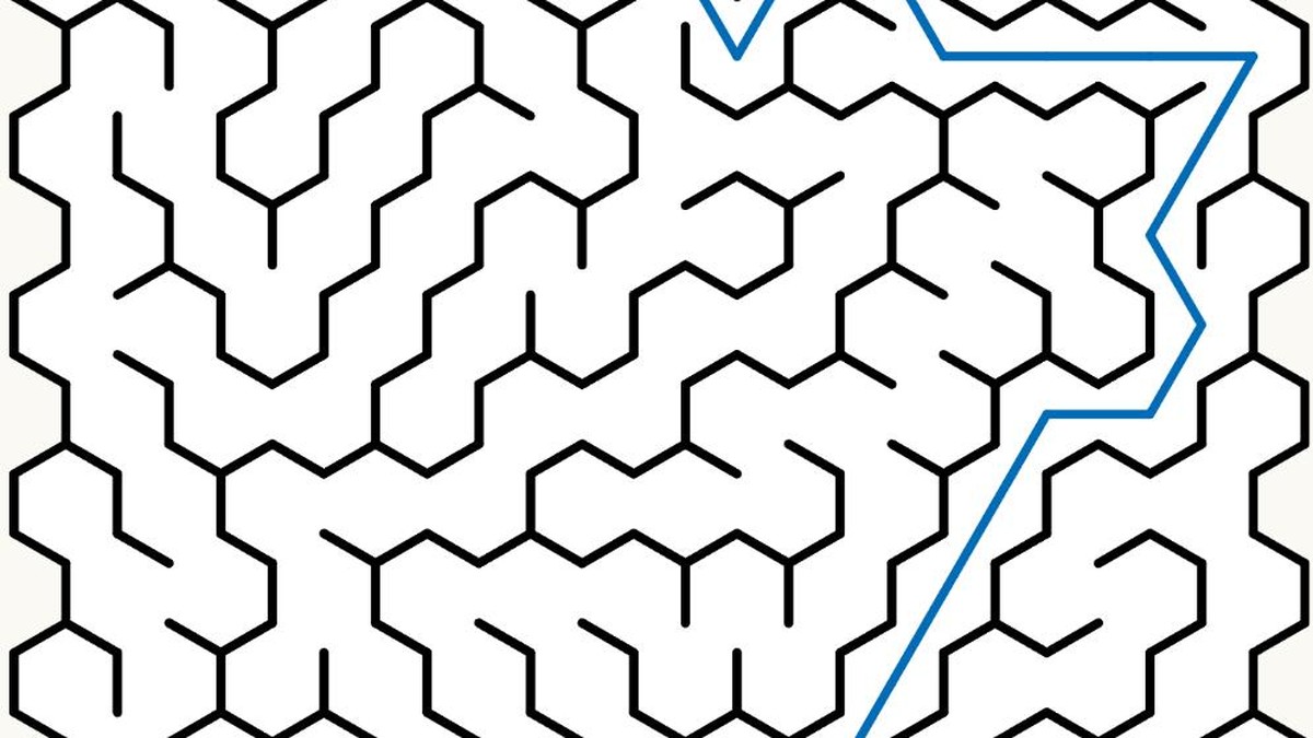 The same hexagon maze with its solution path highlighted in blue using the Solve button