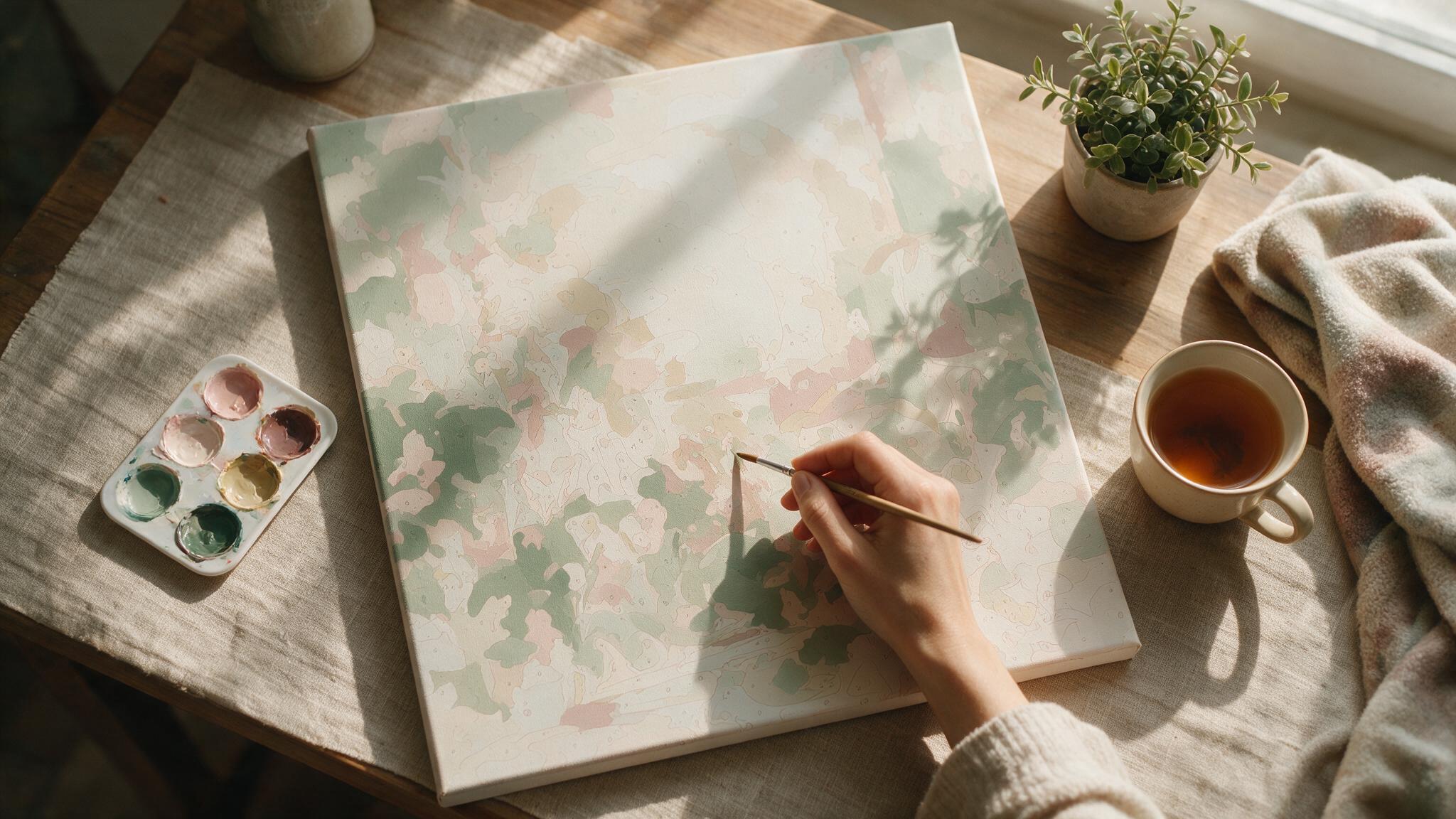 An overhead flat-lay of a person painting a half-finished paint-by-numbers canvas at a cozy desk with a cup of tea and a small plant nearby