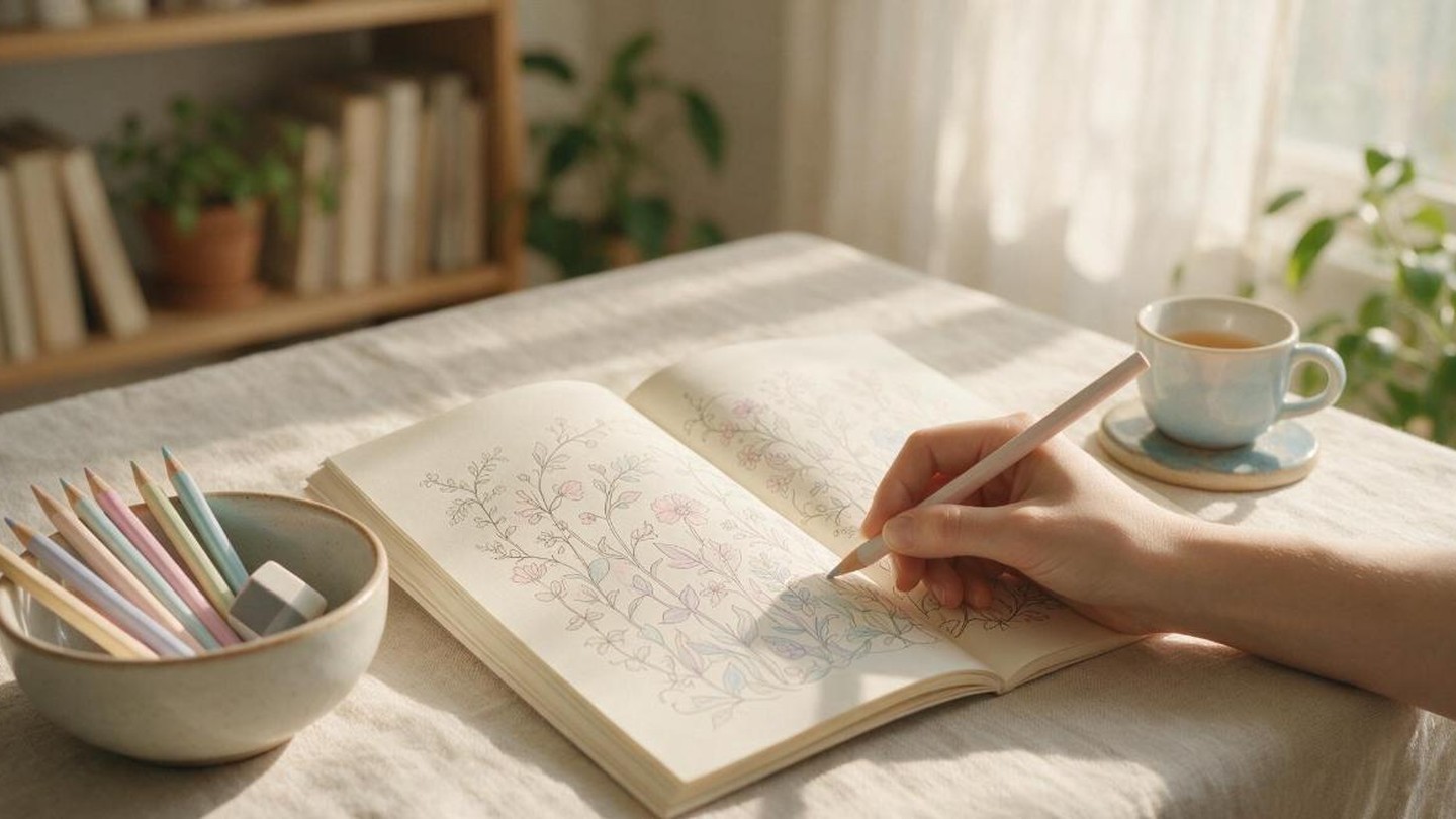 A hand coloring a simple floral illustration with a pastel pencil on a linen table