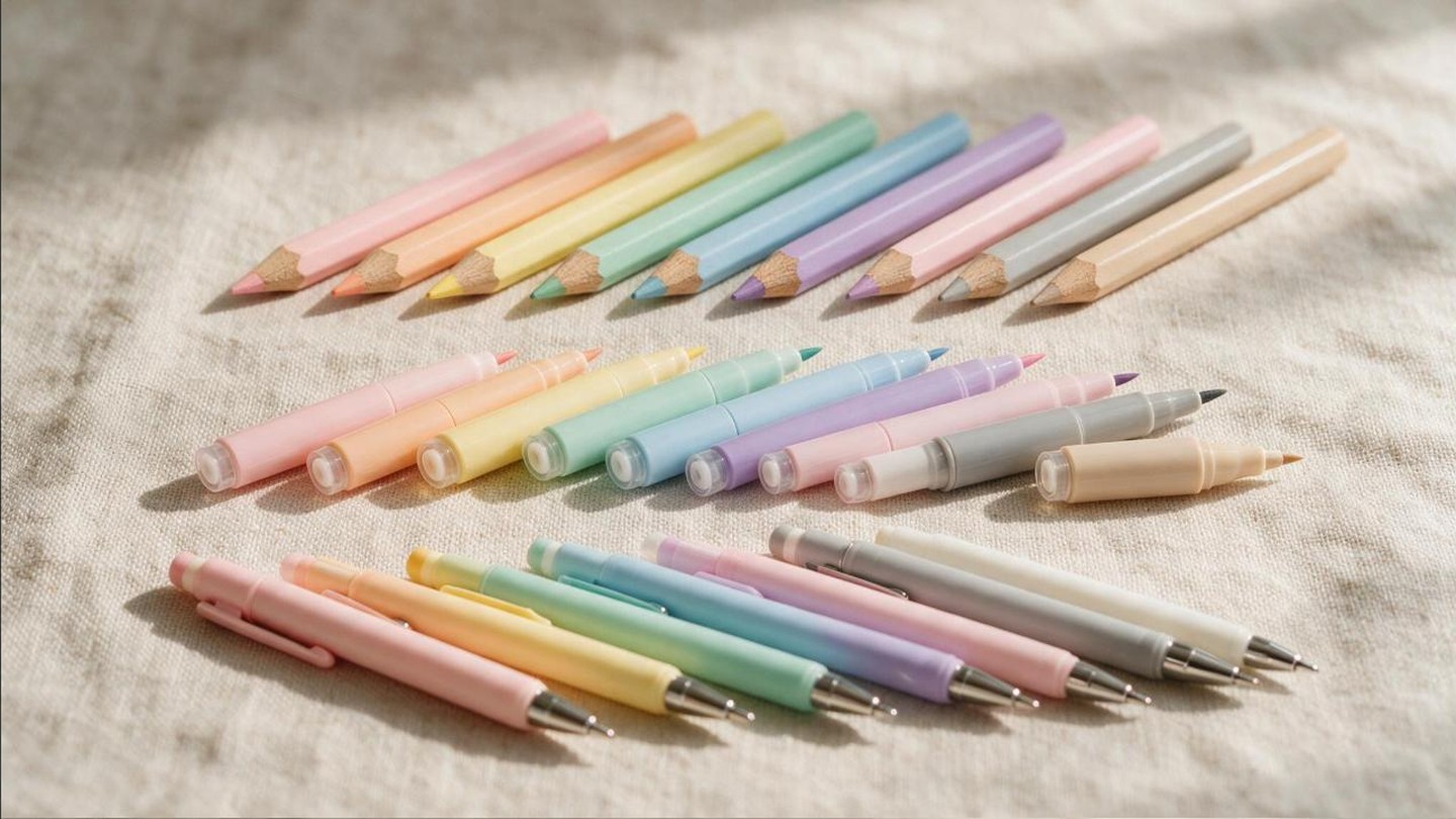 Rows of coloured pencils, dual-tip markers and gel pens laid out on linen beside a coloring page