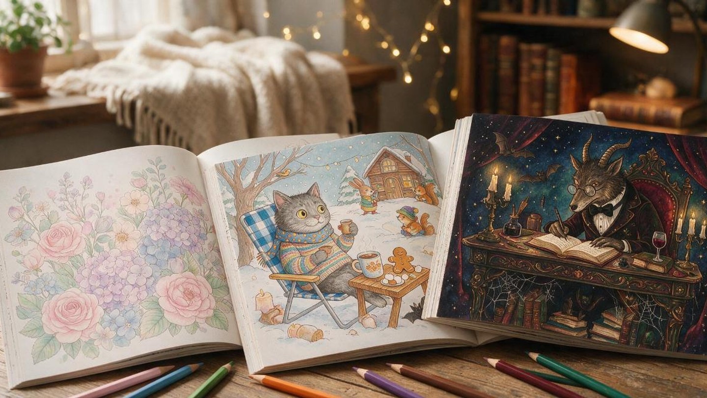 Three adult coloring books fanned open on a wooden table: a calm floral design, a funny cat scene, and a dark humour goat illustration