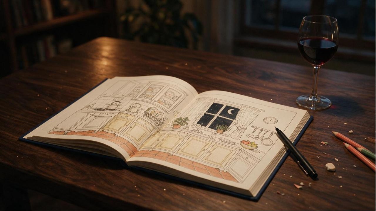 An open coloring book on a dark walnut table at night beside a glass of red wine and a black pen