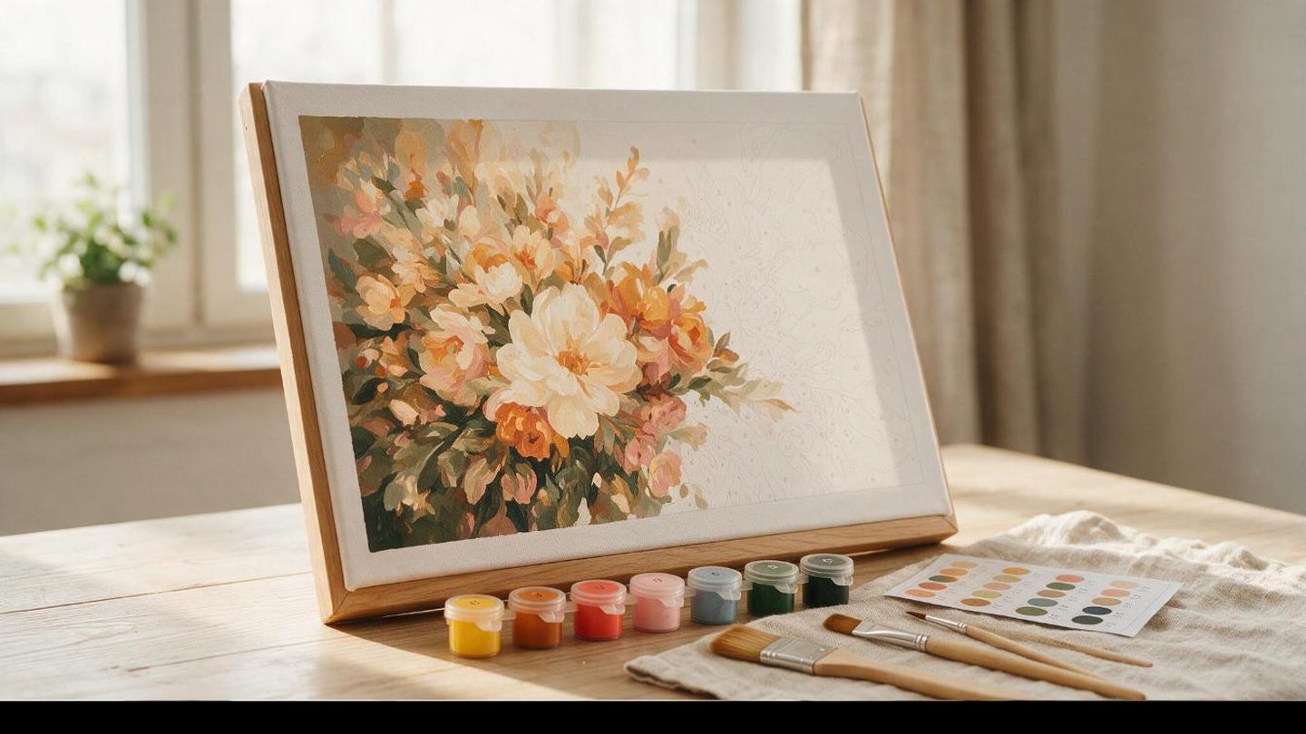 A stretched paint-by-numbers canvas on a table beside numbered acrylic paint pots and brushes