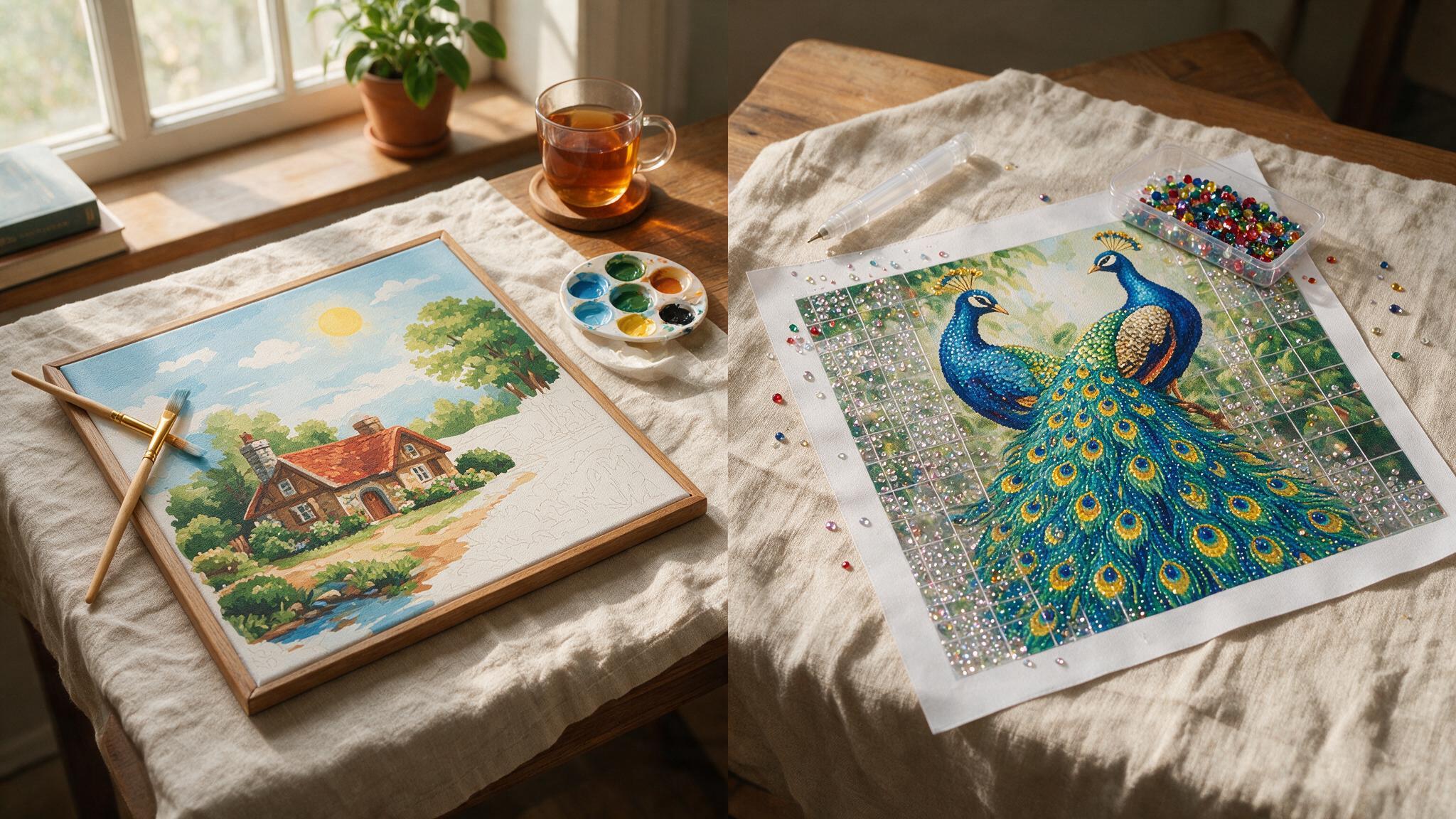 A split flat-lay showing a paint-by-numbers canvas with brush and paints on one side and a diamond painting canvas with sparkly resin diamonds and an applicator pen on the other