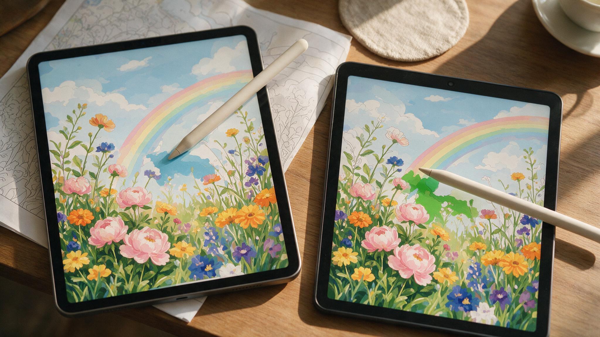 An overhead flat-lay of an iPad and an Android tablet side by side, each showing a colorful half-finished digital paint-by-numbers canvas, with a printed paint-by-numbers page peeking out nearby