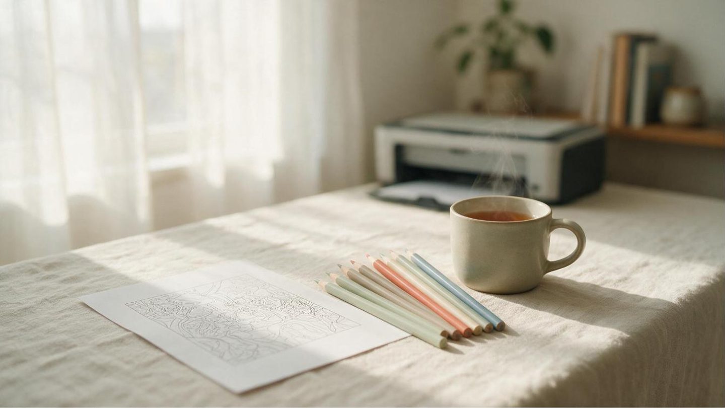A freshly printed detailed line-art coloring page on a desk beside coloured pencils and a mug