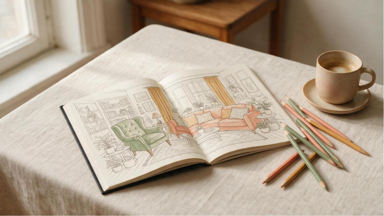 An open funny adult coloring book on a linen table beside coloured pencils and a mug of coffee