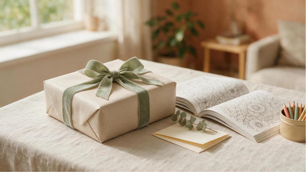 A gift wrapped in oatmeal paper with a sage ribbon beside an open coloring book and a tin of pencils