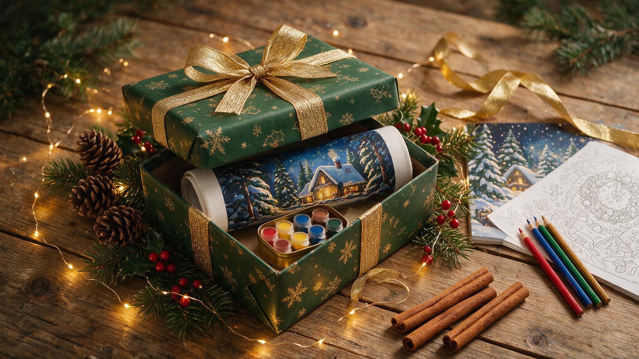 An overhead flat-lay of a wrapped gift box half-open revealing a paint-by-numbers canvas and coloring supplies, surrounded by pine branches, ribbon, and warm string lights