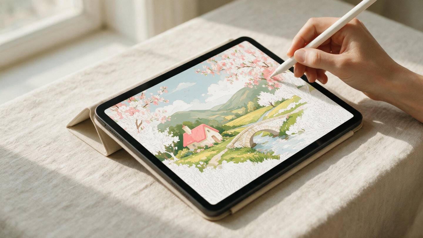 A tablet on a linen desk showing a half-filled digital paint-by-numbers canvas, stylus in hand