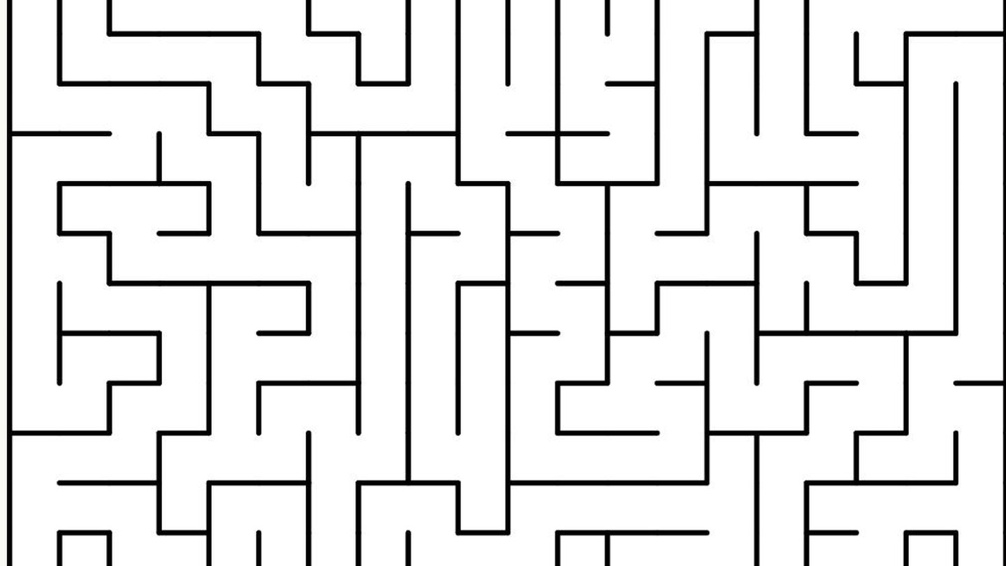 A black and white square maze generated in the free Journey Engine maze maker tool, ready to print