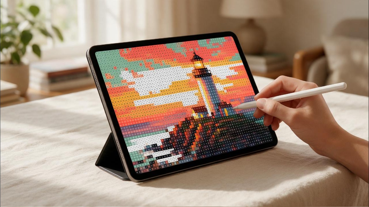 An iPad propped on a linen desk showing a digital mystery mosaic lighthouse scene half revealed through its numbered grid, Apple Pencil in hand